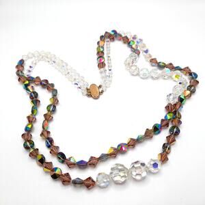 Vintage Crystal Bead Long Necklace, Asymmetrical Clear AB Topaz Crystals, 26"